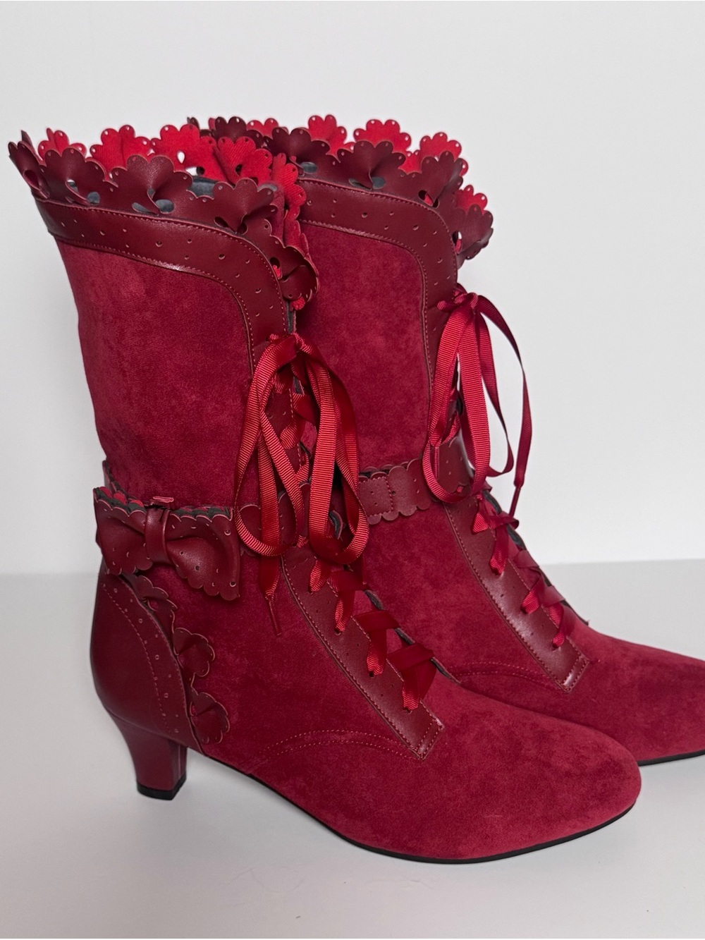 Lanrey Taley Sweet Bow Boots Lace up Victorian Midi Calf Kawaii NWOT US12 EU 43